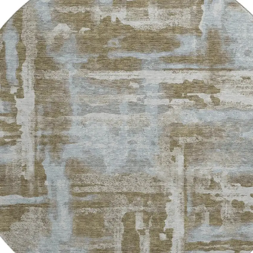 8' Brown And Beige Abstract Washable Round Rug With UV Protection Photo 3