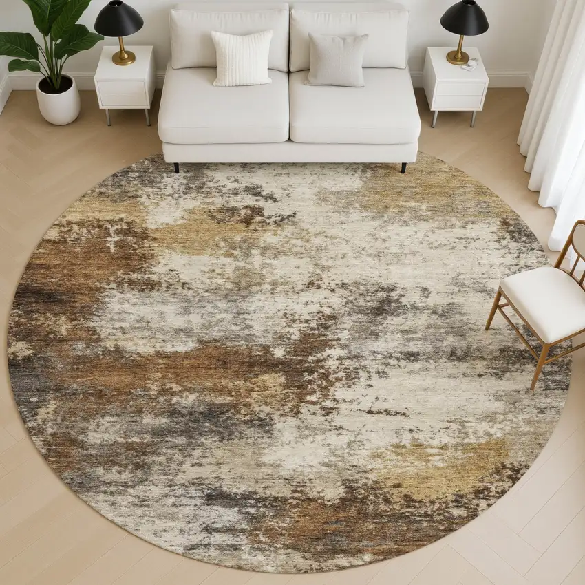 8' Brown And Beige Abstract Washable Round Rug With UV Protection Photo 5