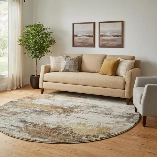 8' Brown And Beige Abstract Washable Round Rug With UV Protection Photo 2