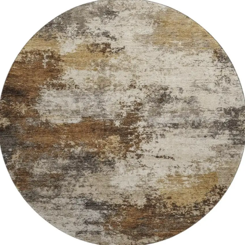 8' Brown And Beige Abstract Washable Round Rug With UV Protection Photo 3