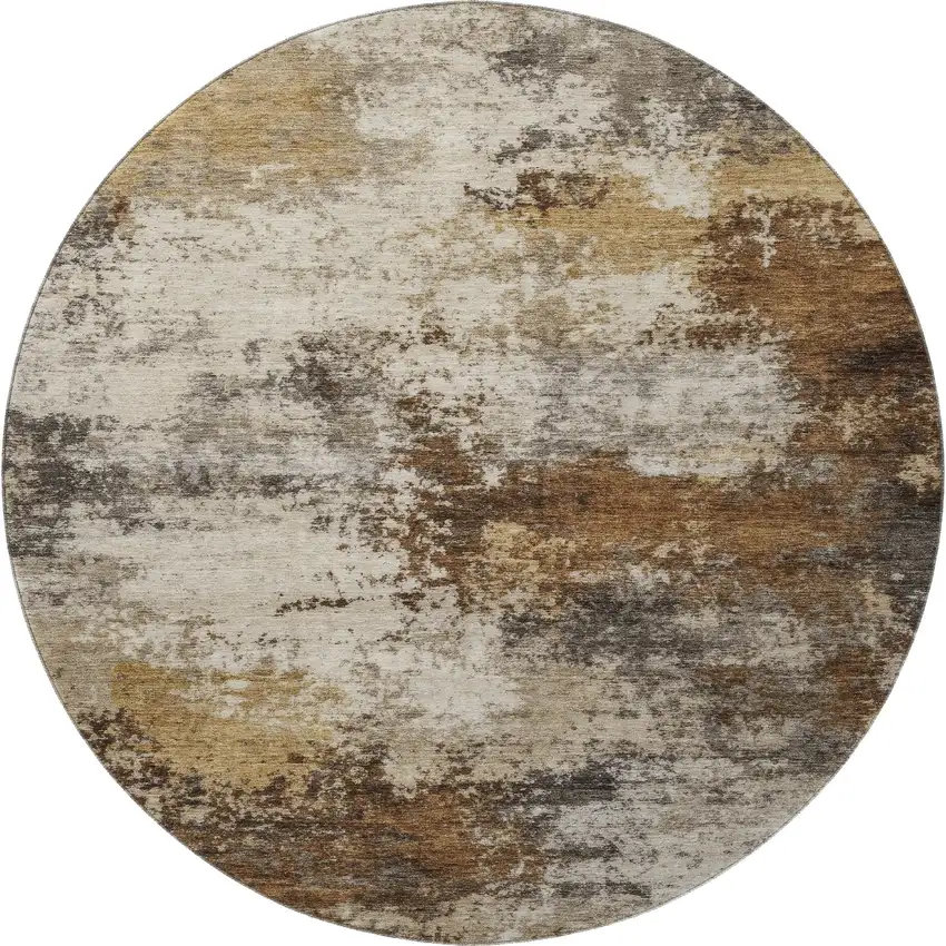 8' Brown And Beige Abstract Washable Round Rug With UV Protection Photo 4