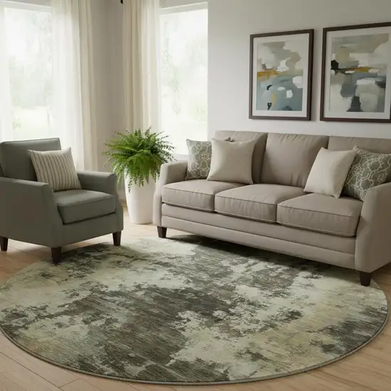 8' Brown And Beige Abstract Washable Round Rug With UV Protection Photo 2