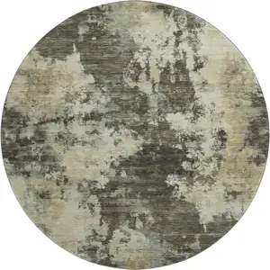 Photo of 8' Brown And Beige Abstract Washable Round Rug With UV Protection