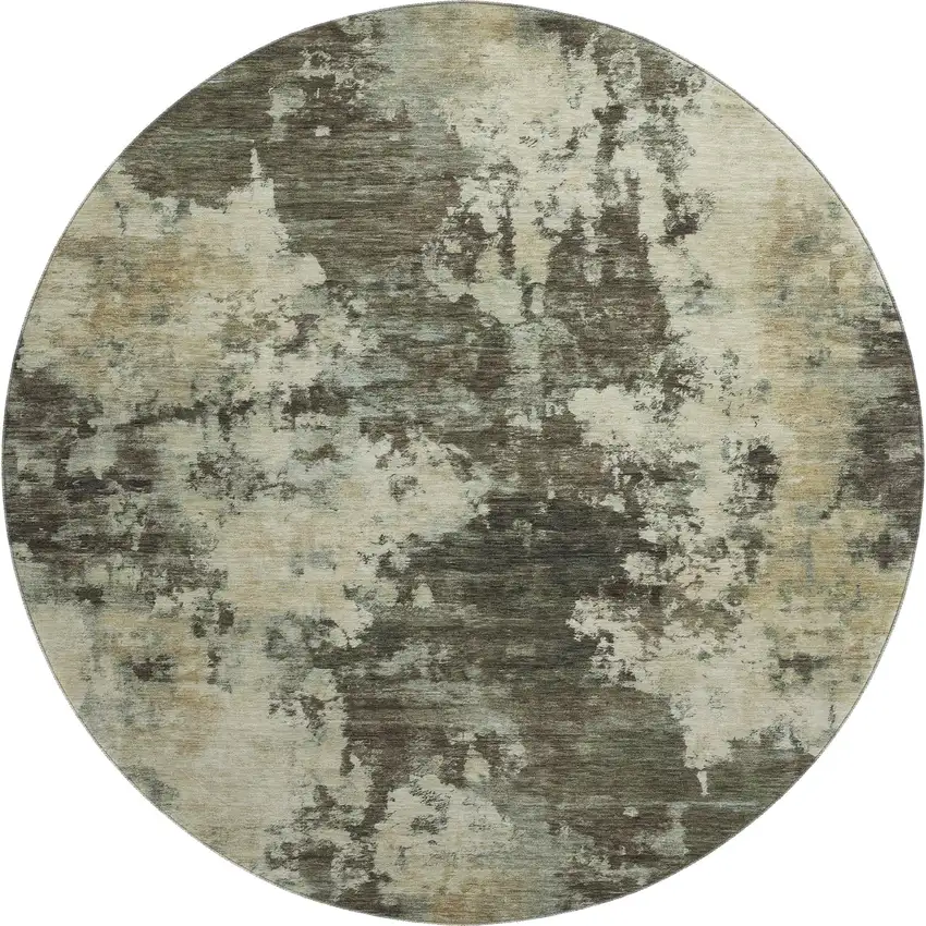 8' Brown And Beige Abstract Washable Round Rug With UV Protection Photo 1