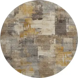 Photo of 8' Brown And Beige Abstract Washable Round Rug With UV Protection