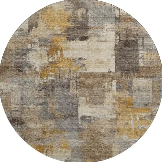 8' Brown And Beige Abstract Washable Round Rug With UV Protection Photo 4
