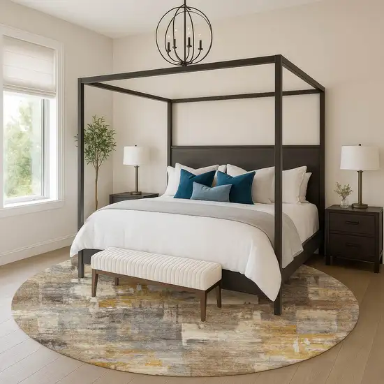 8' Brown And Beige Abstract Washable Round Rug With UV Protection Photo 5