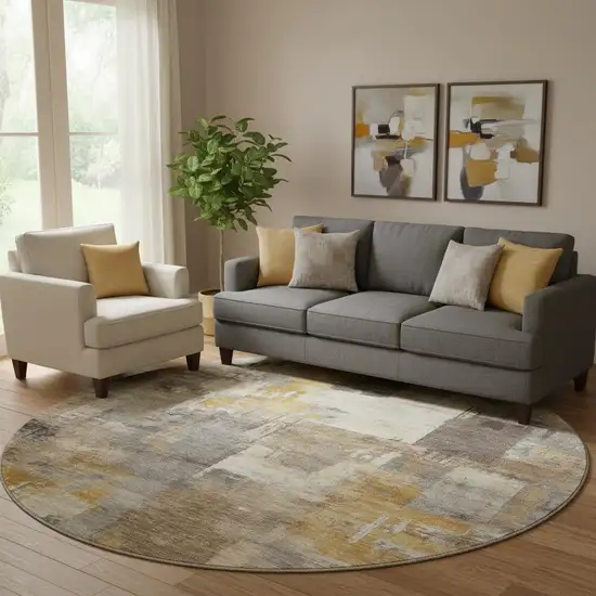 8' Brown And Beige Abstract Washable Round Rug With UV Protection Photo 2