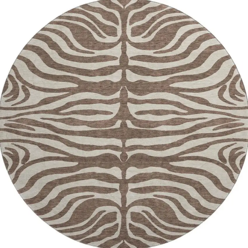 8' Brown And Beige Animal Print Washable Round Rug With UV Protection Photo 3