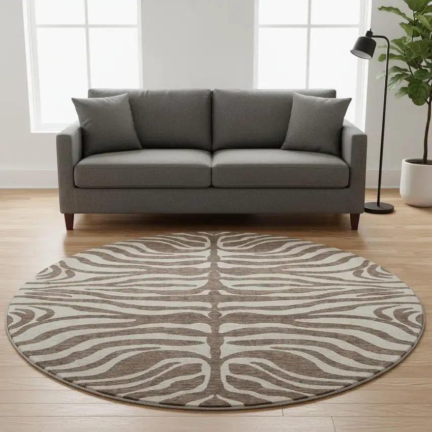 8' Brown And Beige Animal Print Washable Round Rug With UV Protection Photo 2