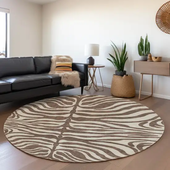 8' Brown And Beige Animal Print Washable Round Rug With UV Protection Photo 4
