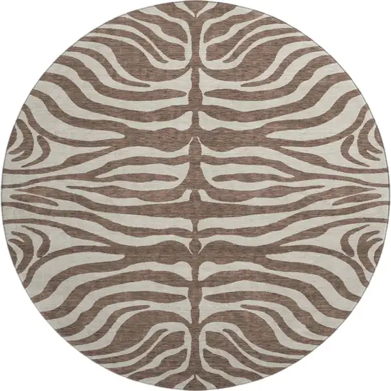 8' Brown And Beige Animal Print Washable Round Rug With UV Protection Photo 1