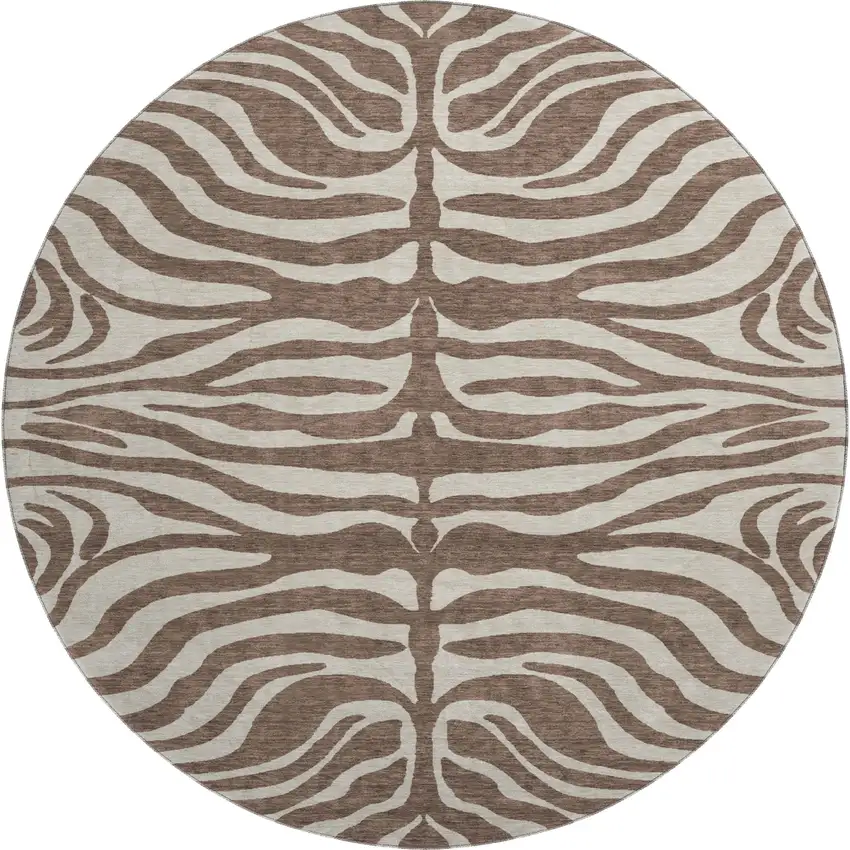 8' Brown And Beige Animal Print Washable Round Rug With UV Protection Photo 1