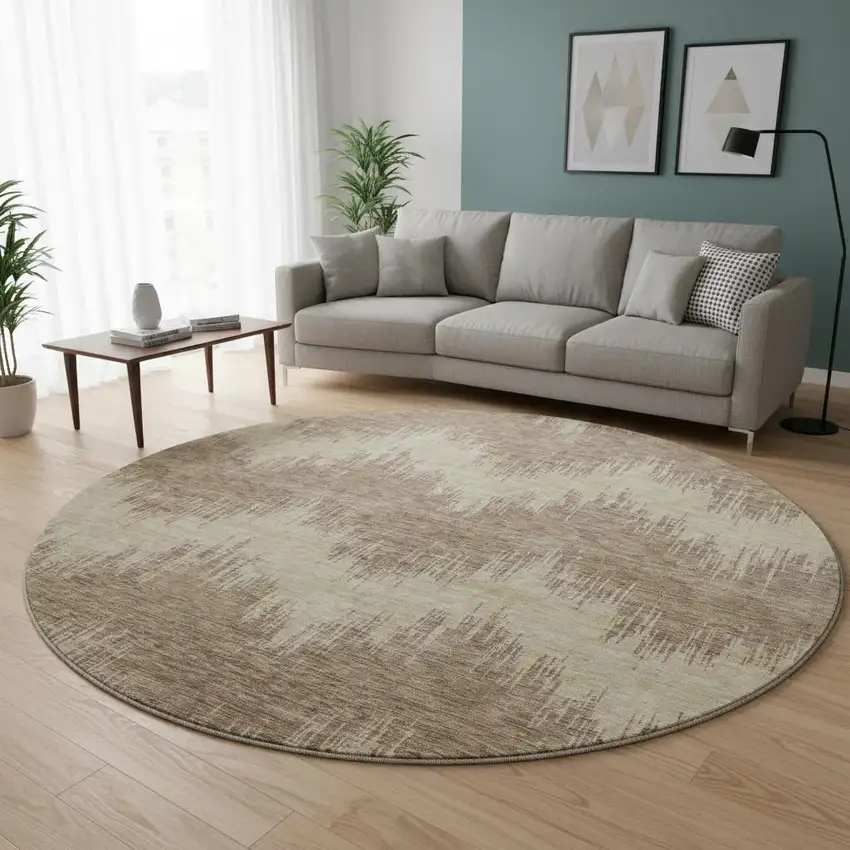 8' Brown And Beige Chevron Washable Round Rug With UV Protection Photo 2