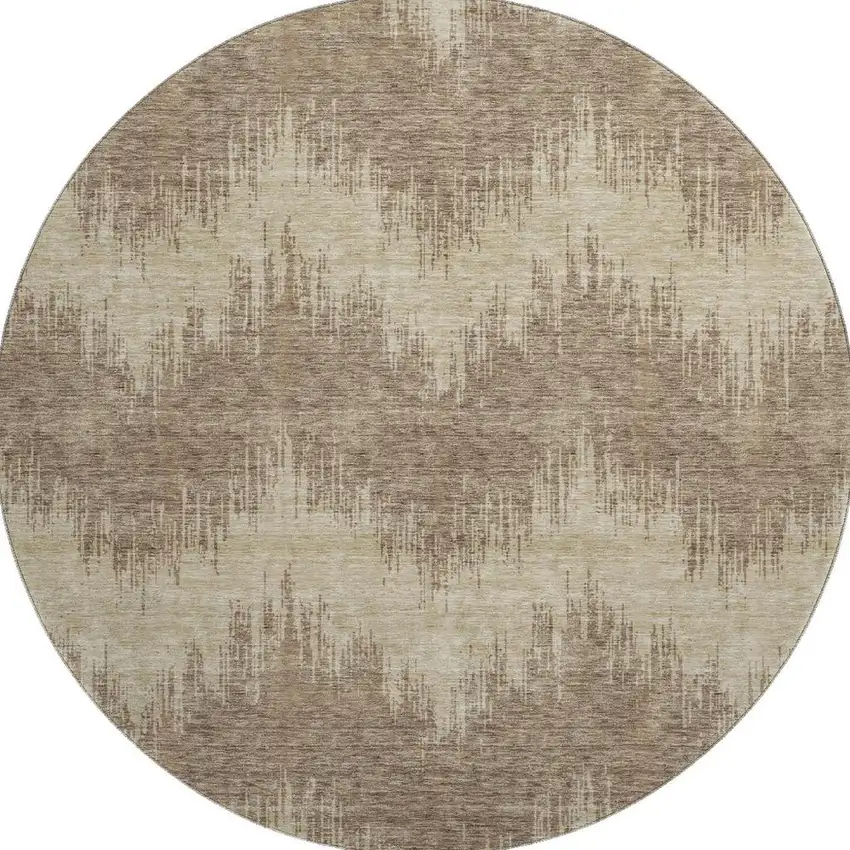 8' Brown And Beige Chevron Washable Round Rug With UV Protection Photo 3