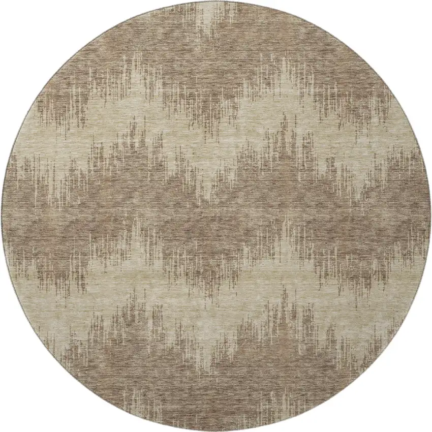 8' Brown And Beige Chevron Washable Round Rug With UV Protection Photo 4