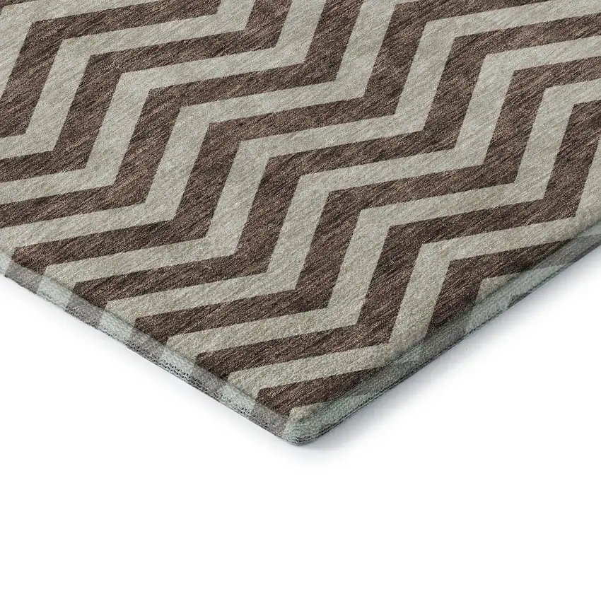 8' Brown And Beige Chevron Washable Round Rug With UV Protection Photo 7