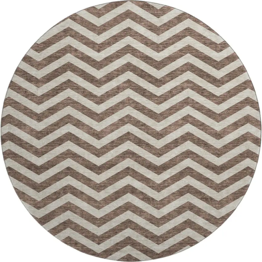 8' Brown And Beige Chevron Washable Round Rug With UV Protection Photo 1