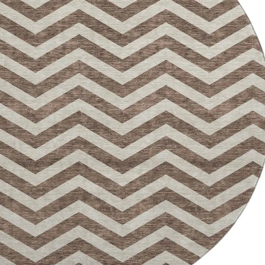 8' Brown And Beige Chevron Washable Round Rug With UV Protection Photo 3