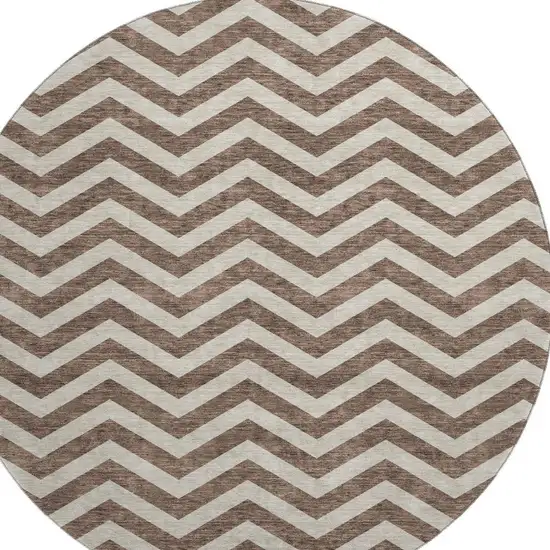 8' Brown And Beige Chevron Washable Round Rug With UV Protection Photo 4