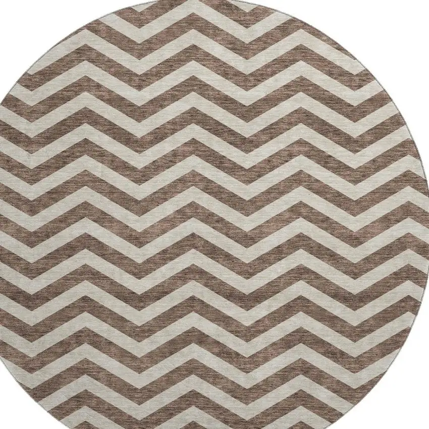 8' Brown And Beige Chevron Washable Round Rug With UV Protection Photo 4