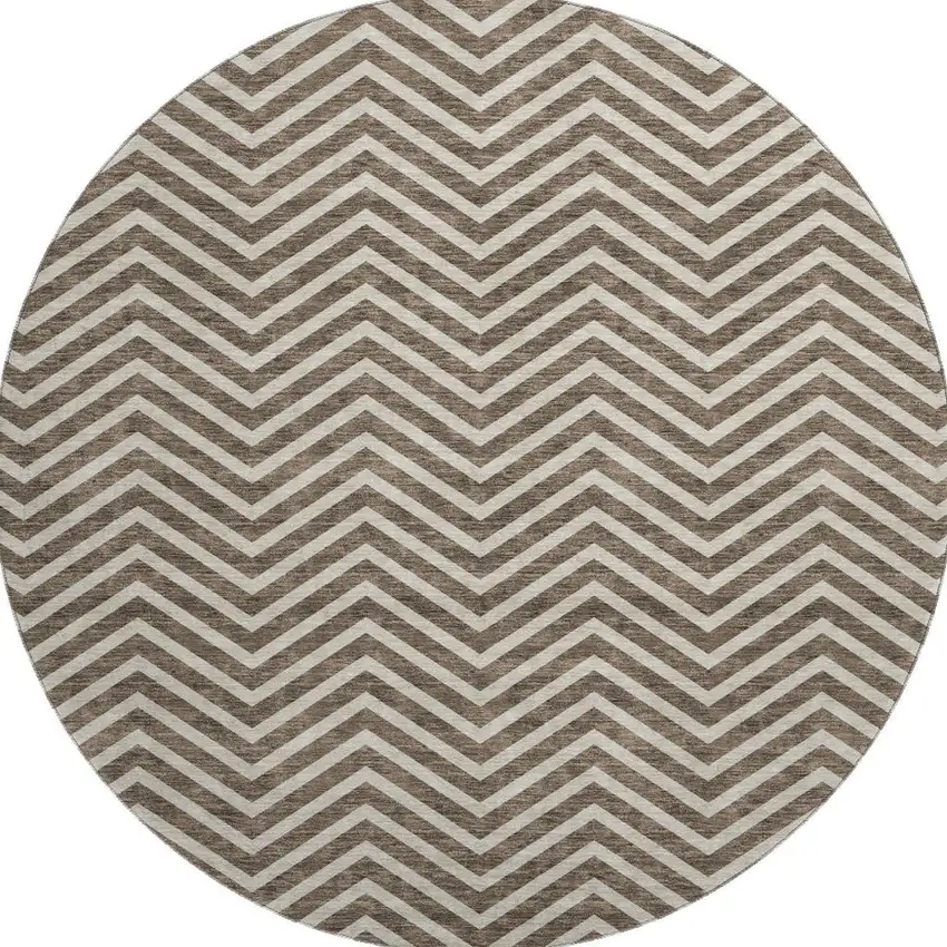 8' Brown And Beige Chevron Washable Round Rug With UV Protection Photo 2