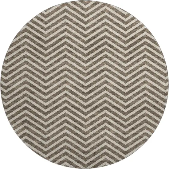 8' Brown And Beige Chevron Washable Round Rug With UV Protection Photo 1