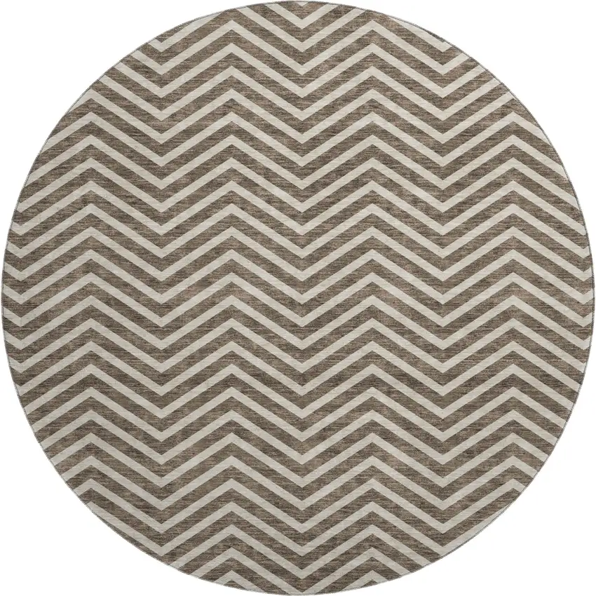 8' Brown And Beige Chevron Washable Round Rug With UV Protection Photo 1
