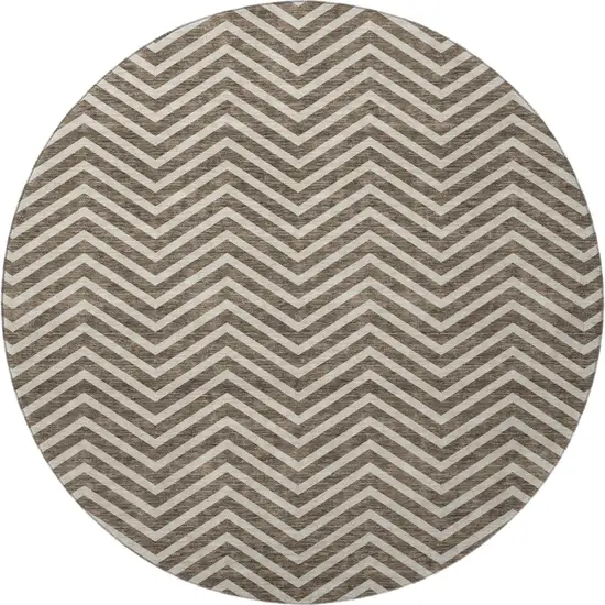 8' Brown And Beige Chevron Washable Round Rug With UV Protection Photo 3