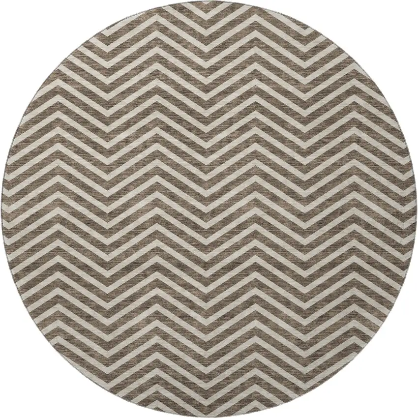 8' Brown And Beige Chevron Washable Round Rug With UV Protection Photo 3
