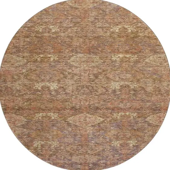 8' Brown And Beige Damask Washable Round Rug With UV Protection Photo 2