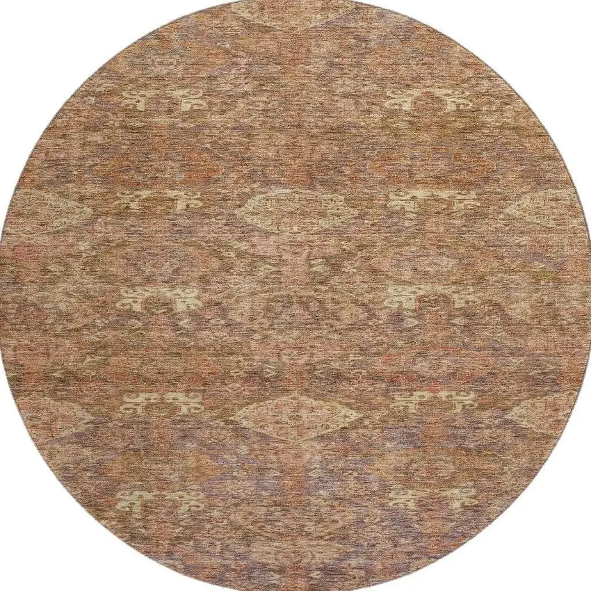 8' Brown And Beige Damask Washable Round Rug With UV Protection Photo 2