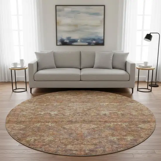 8' Brown And Beige Damask Washable Round Rug With UV Protection Photo 2