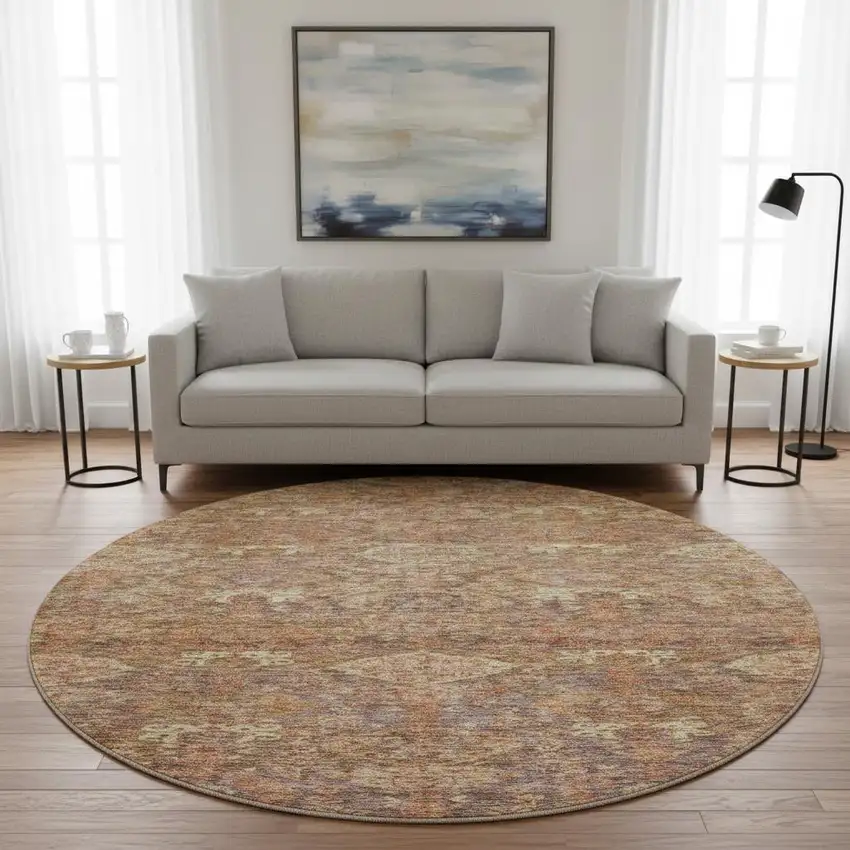 8' Brown And Beige Damask Washable Round Rug With UV Protection Photo 2