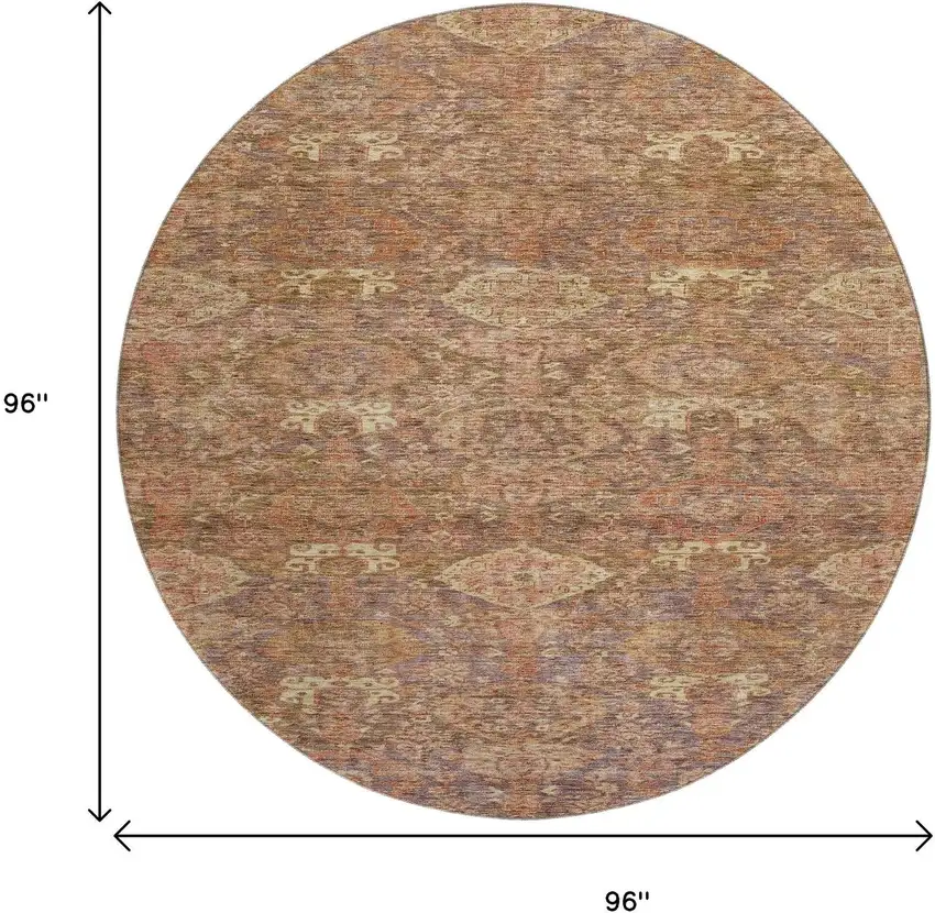 8' Brown And Beige Damask Washable Round Rug With UV Protection Photo 9