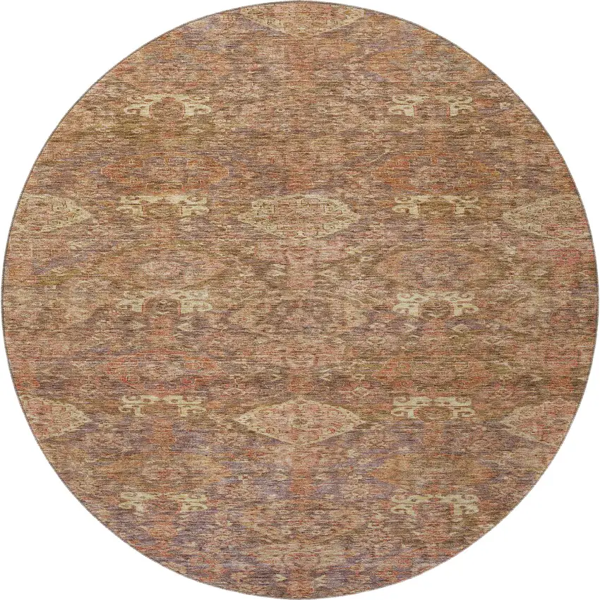 8' Brown And Beige Damask Washable Round Rug With UV Protection Photo 3