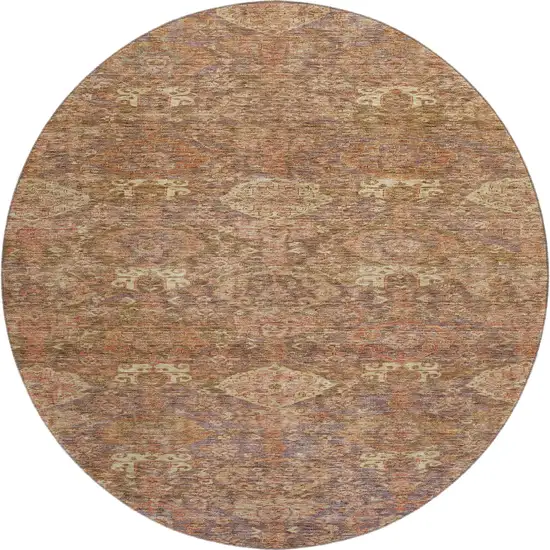 8' Brown And Beige Damask Washable Round Rug With UV Protection Photo 1