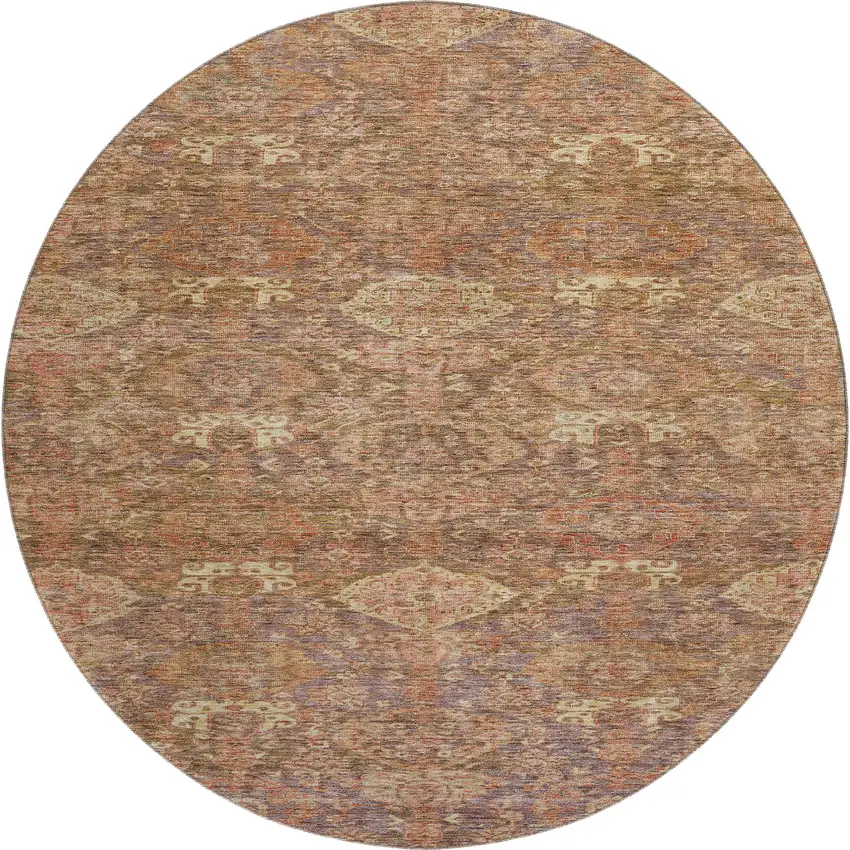 8' Brown And Beige Damask Washable Round Rug With UV Protection Photo 1