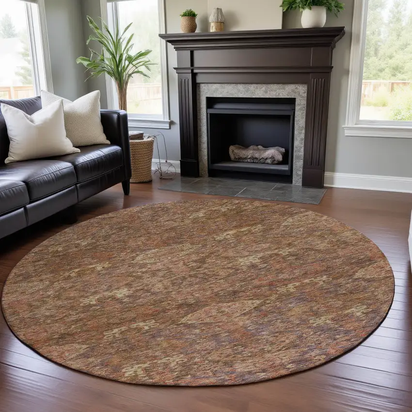 8' Brown And Beige Damask Washable Round Rug With UV Protection Photo 4