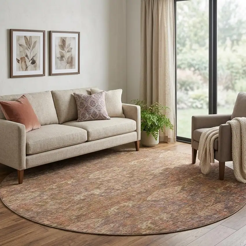 8' Brown And Beige Damask Washable Round Rug With UV Protection Photo 1