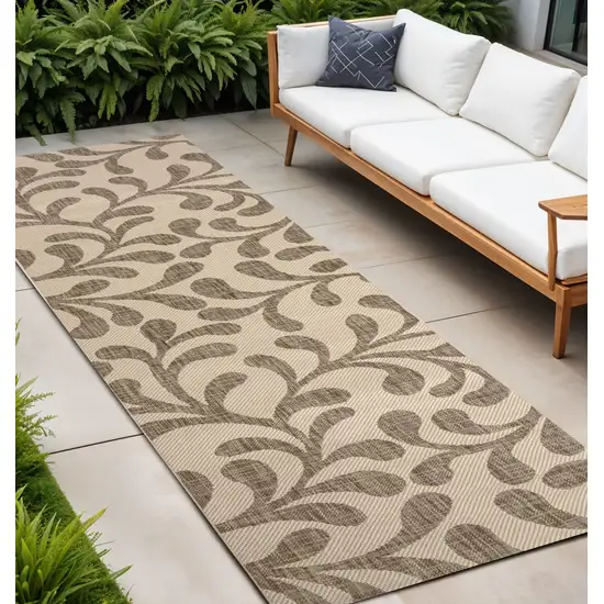 10' Brown And Beige Floral Indoor Outdoor Runner Rug Photo 1