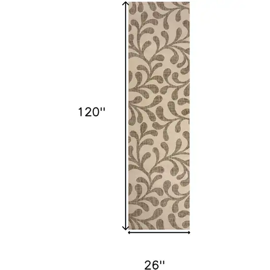 10' Brown And Beige Floral Indoor Outdoor Runner Rug Photo 3