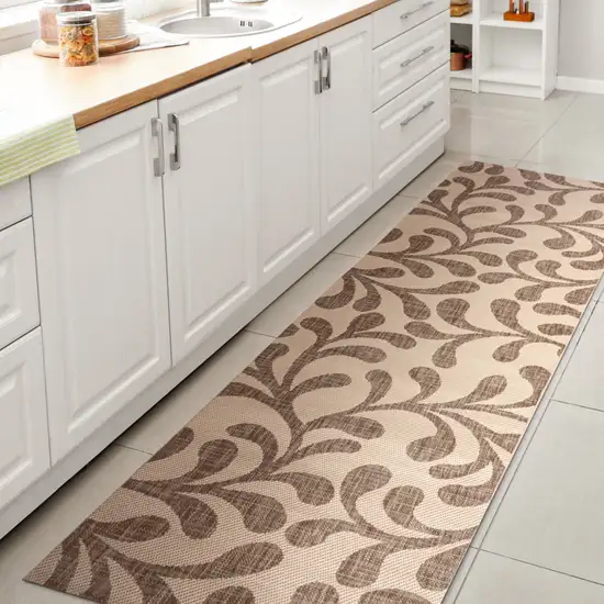 10' Brown And Beige Floral Indoor Outdoor Runner Rug Photo 6