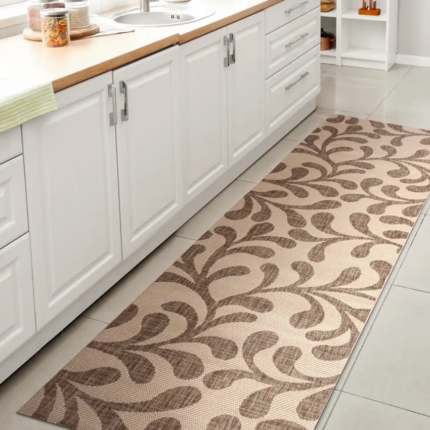 10' Brown And Beige Floral Indoor Outdoor Runner Rug Photo 6