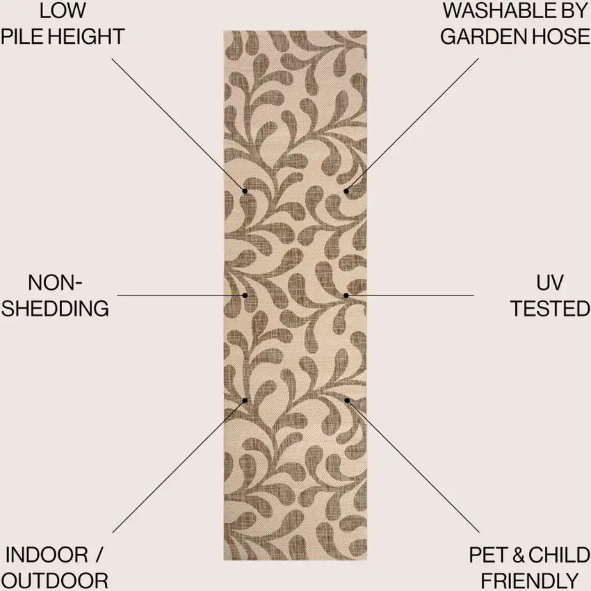 10' Brown And Beige Floral Indoor Outdoor Runner Rug Photo 7