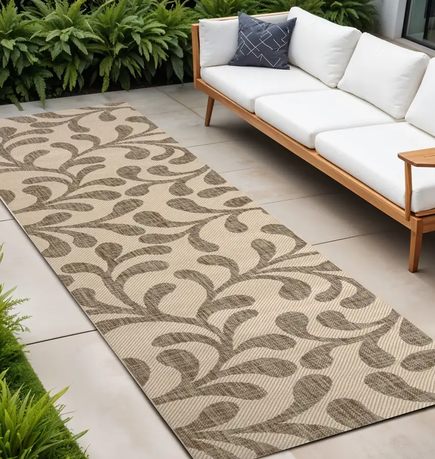 8' Brown And Beige Floral Indoor Outdoor Runner Rug Photo 1