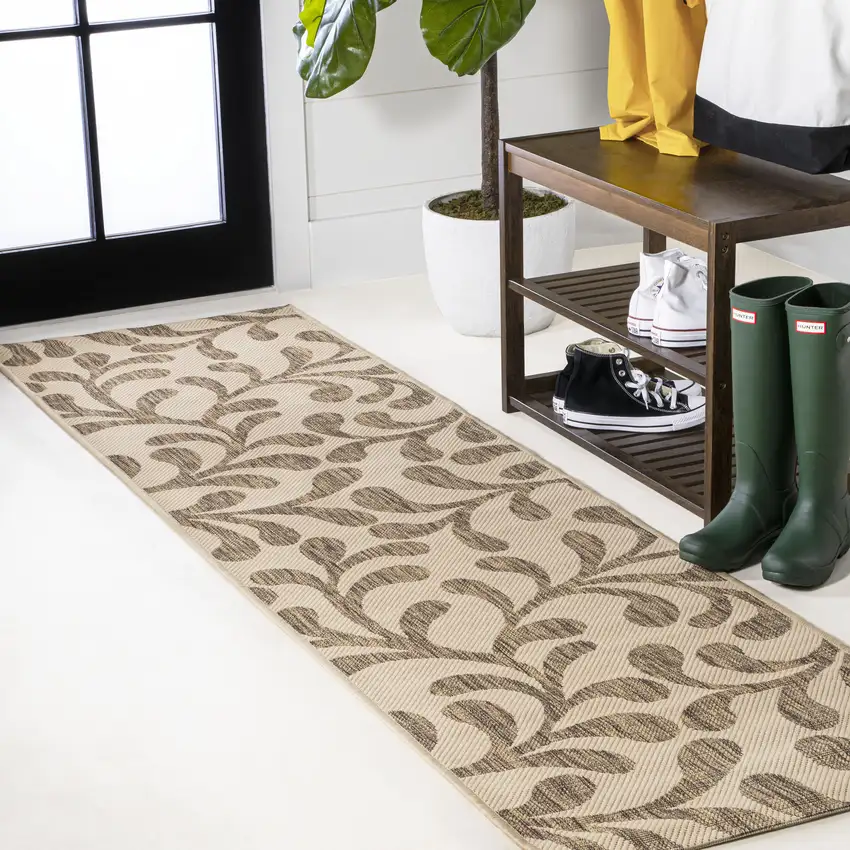 8' Brown And Beige Floral Indoor Outdoor Runner Rug Photo 4