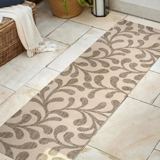 8' Brown And Beige Floral Indoor Outdoor Runner Rug Photo 5