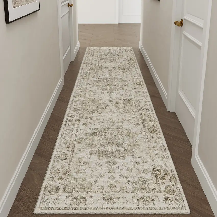 8' Brown And Beige Floral Medallion Washable Area Rug Photo 4