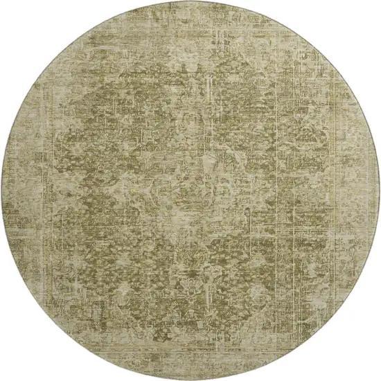 8' Brown And Beige Floral Medallion Washable Round Rug With UV Protection Photo 1